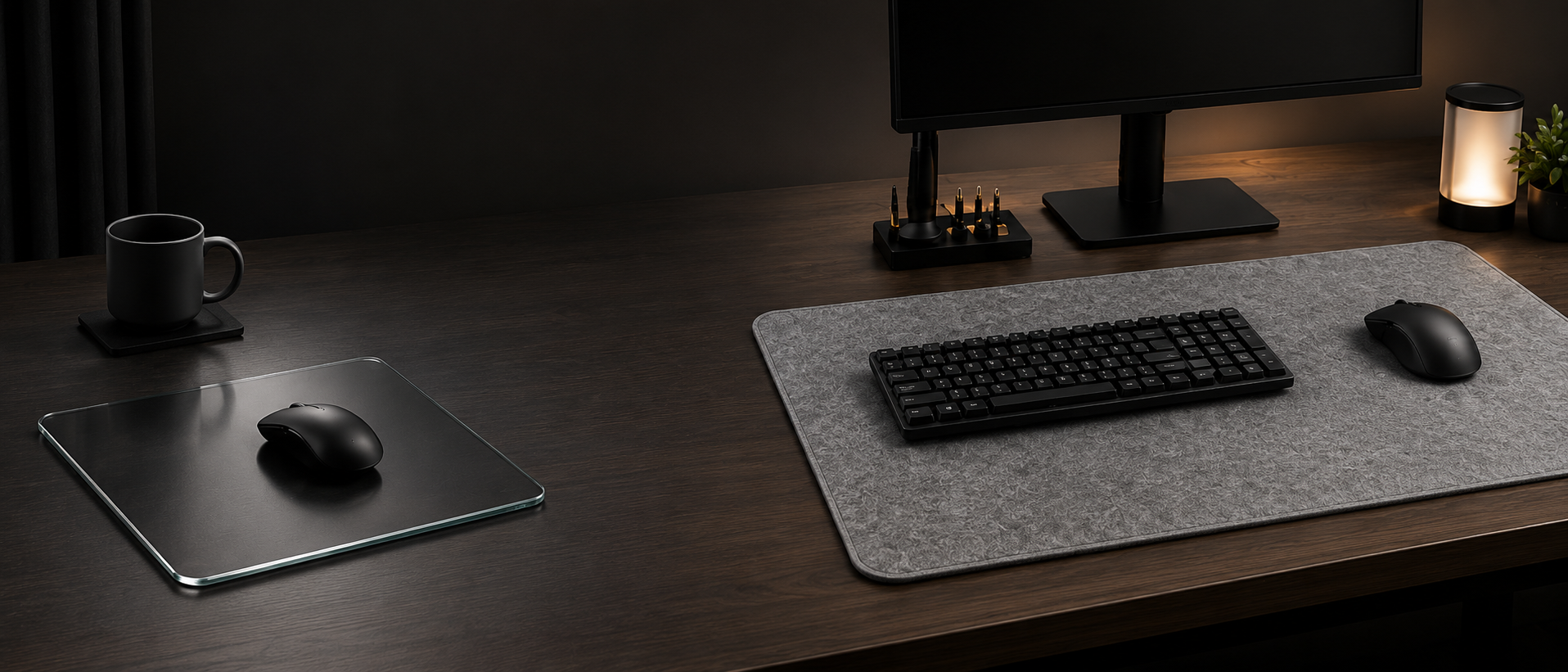 Modern minimal office desk mat hero banner with premium workspace setup